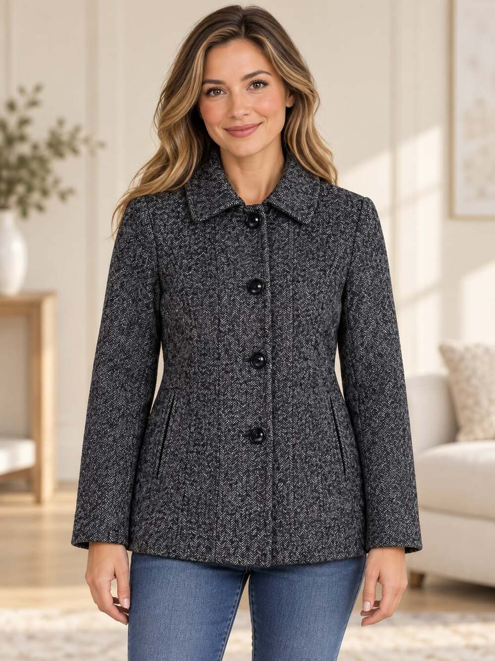 London Fog Women’s Herringbone Wool Blend Button Front Coat Black White S